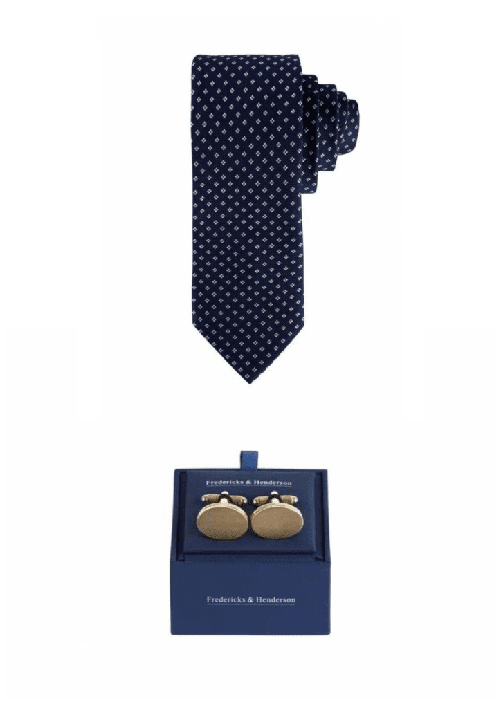 Blue dotted tie with gold-plated cufflinks by Fredericks & Henderson